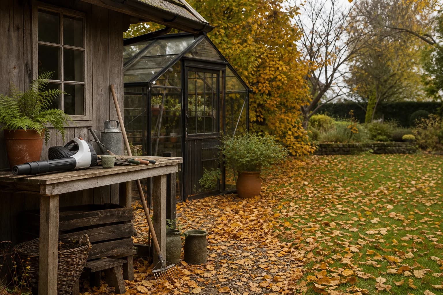 An autumn garden with a potting shed, greenhouse and fallen leaves