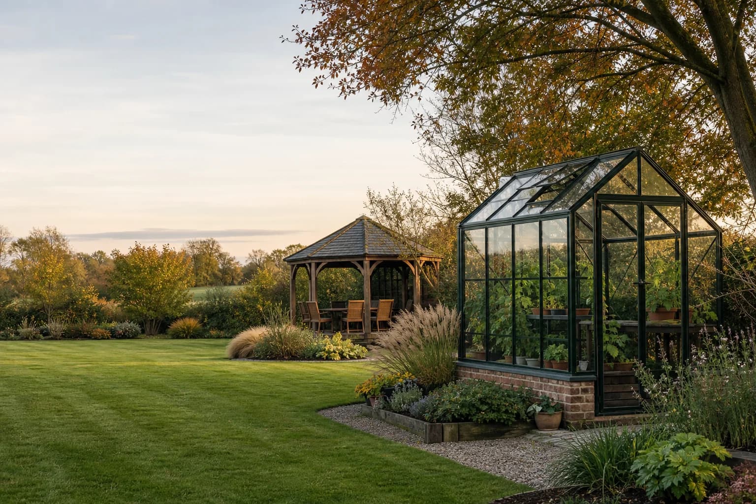 An English garden lawn with a glass greenhouse and a timber gazebo in autumn light